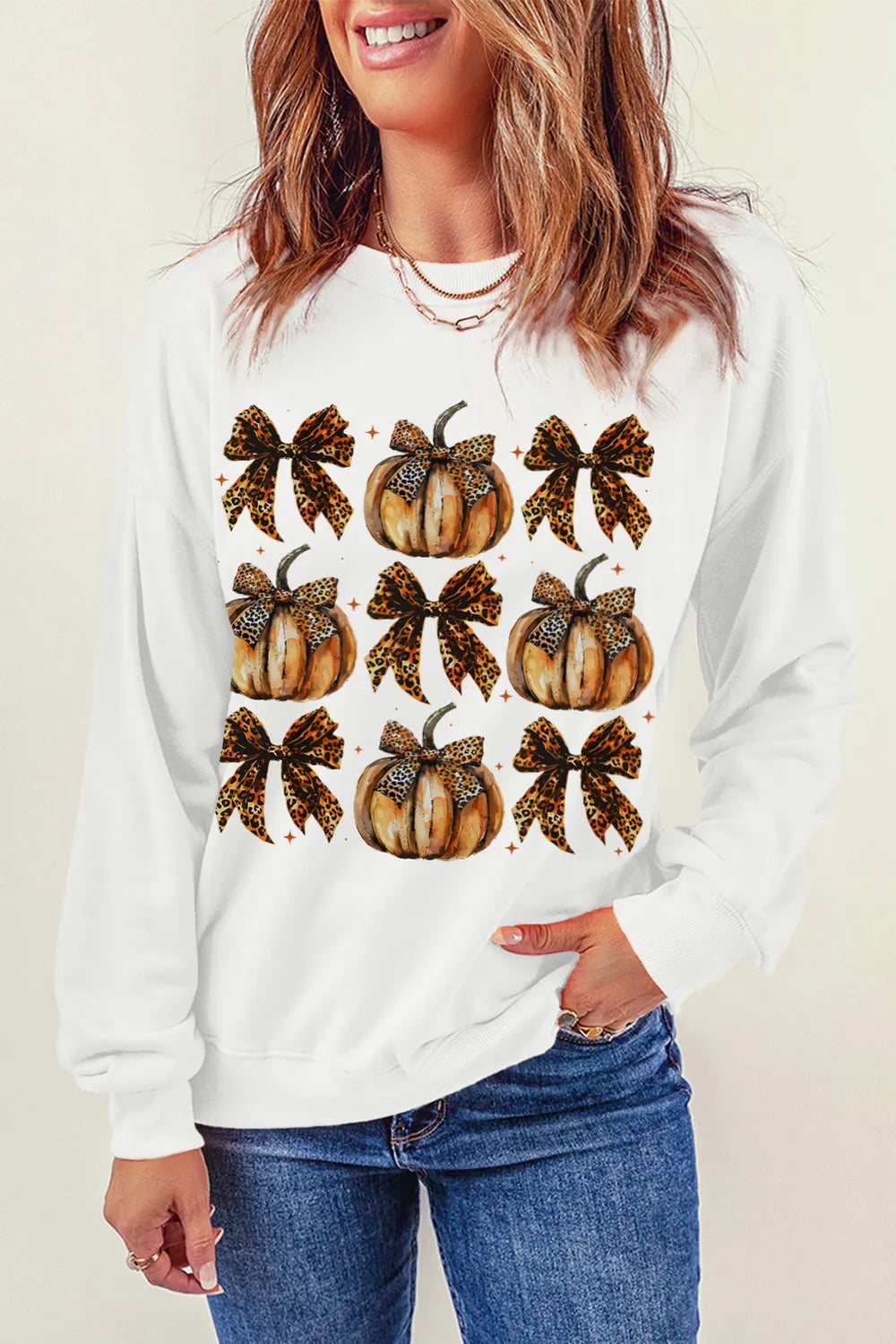 Pumpkin & Bow Graphic Long Sleeve Sweatshirt in White, view 4