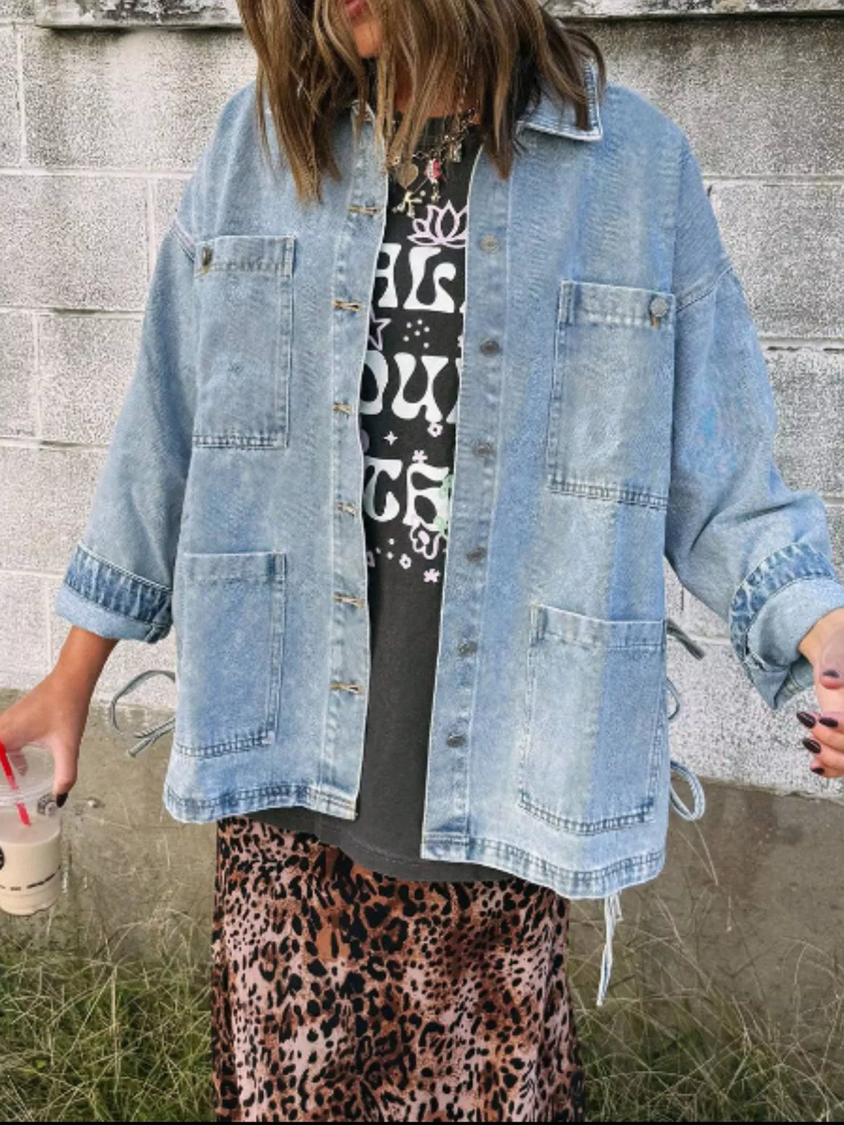 Patched Pockets Side Tie Denim Jacket, view 2