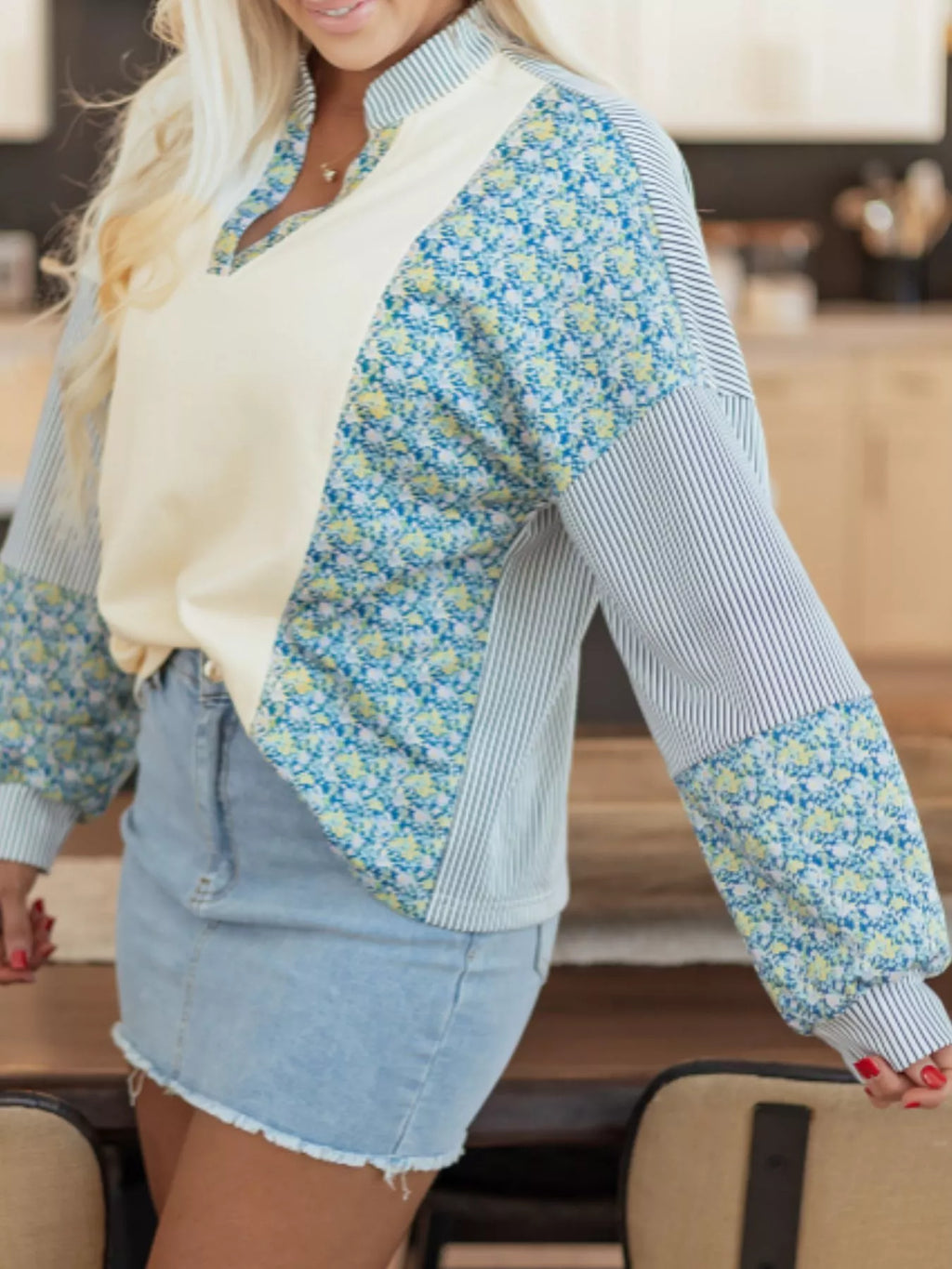 Floral Striped Drop Sleeve Collared Boxy Fit Sweatshirt - Lilixa.store