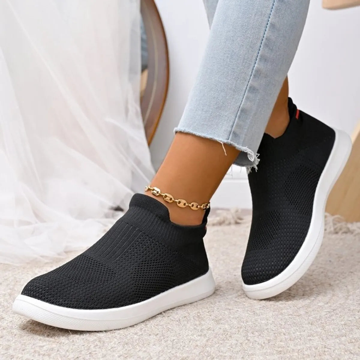 Breathable Knit Slip-Ons in Off-white