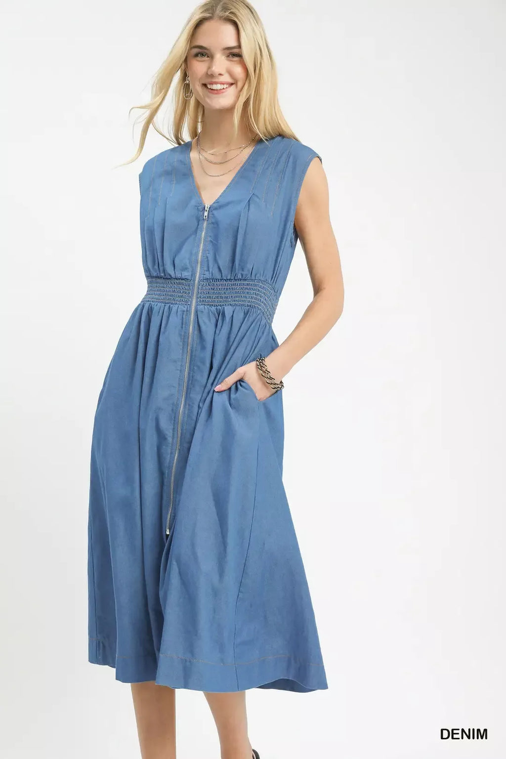 Umgee Denim Sleeveless Zip-Front Smocked Waist Midi Dress - Lilixa.store