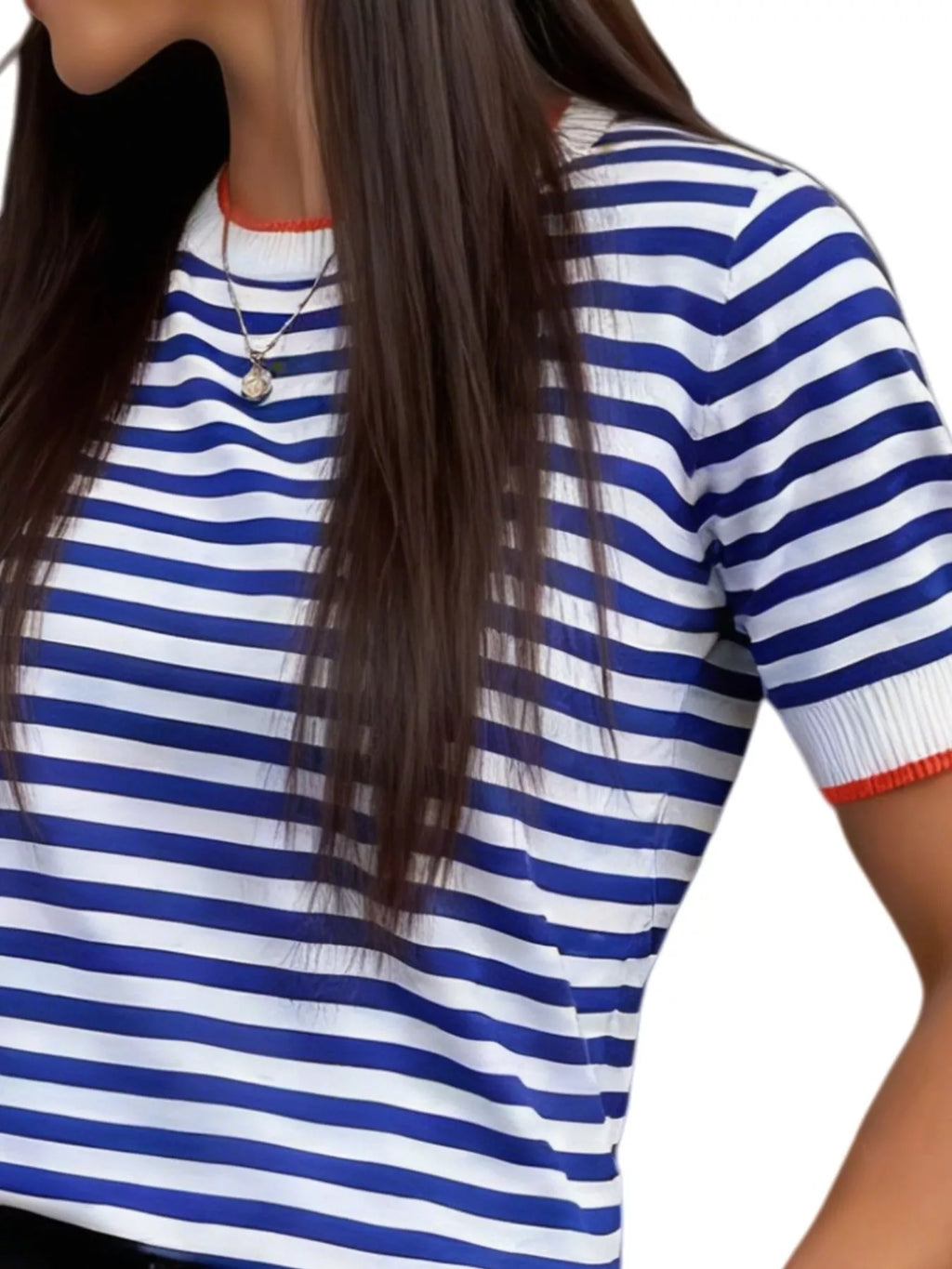 Contrast Trim Striped Short Sleeve Knit Top - Lilixa.store