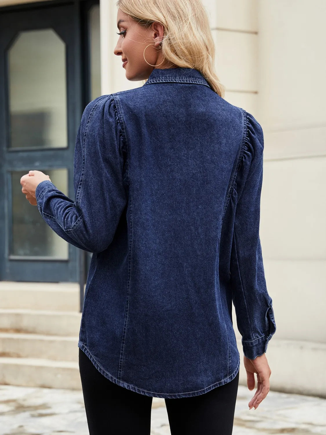 Button Down Collared Neck Denim Shirt - Lilixa.store