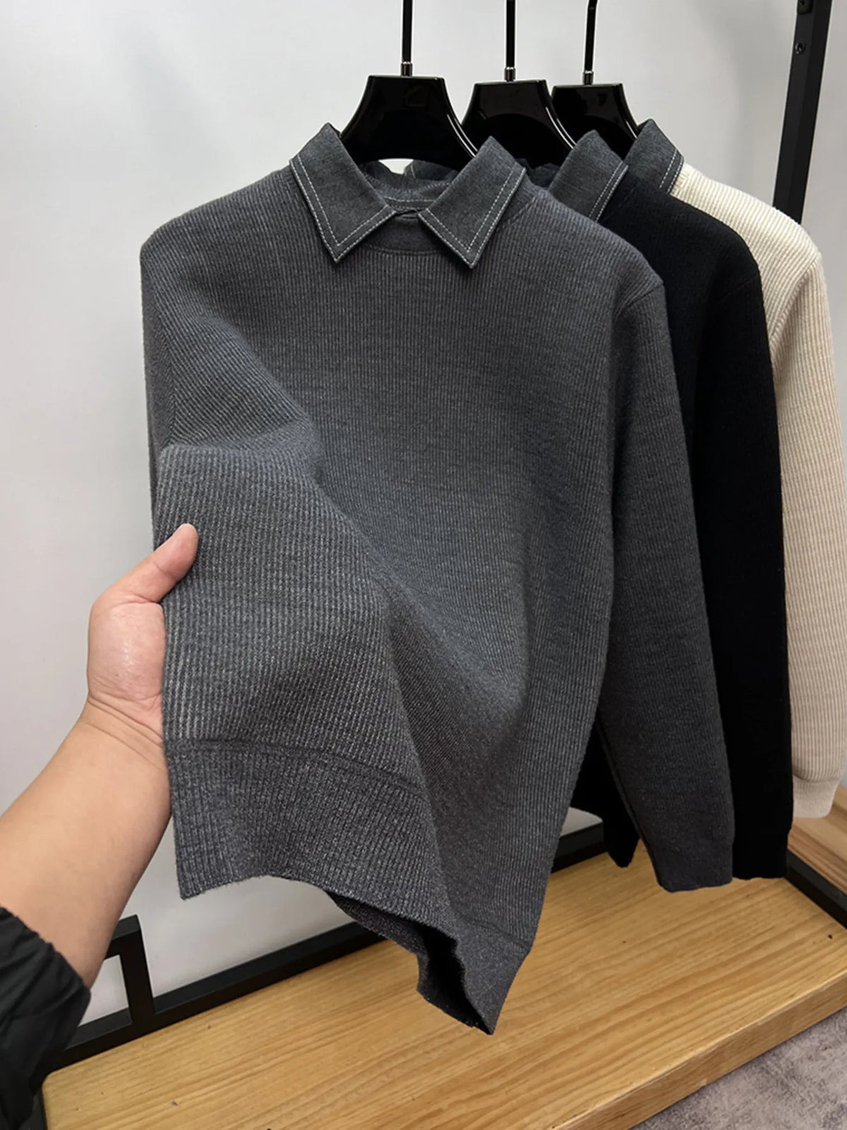 Men's Plus Size Ribbed Knit Collared Neck Sweater