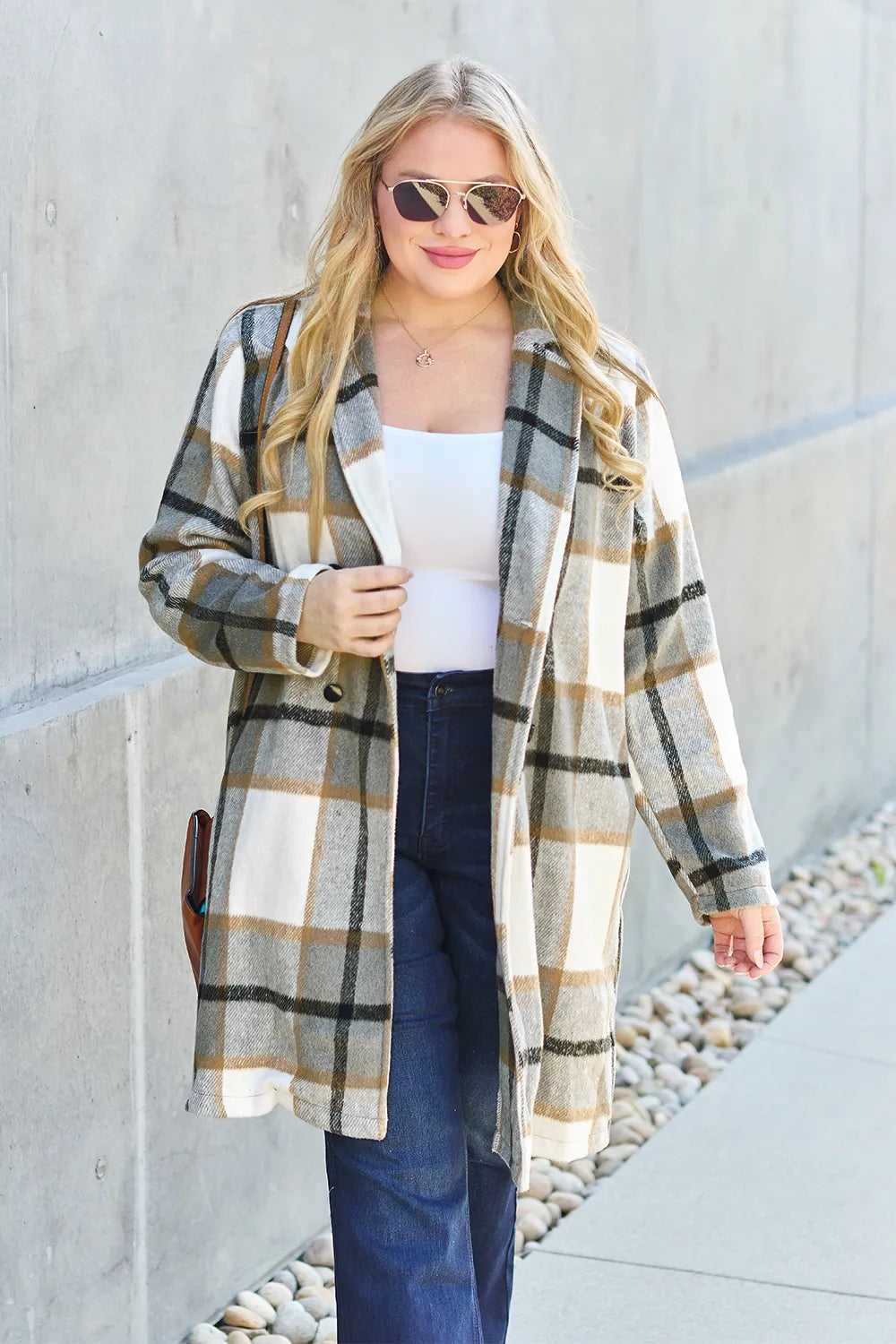 Double Take Full Size Plaid Button Up Lapel Collar Coat - Lilixa.store