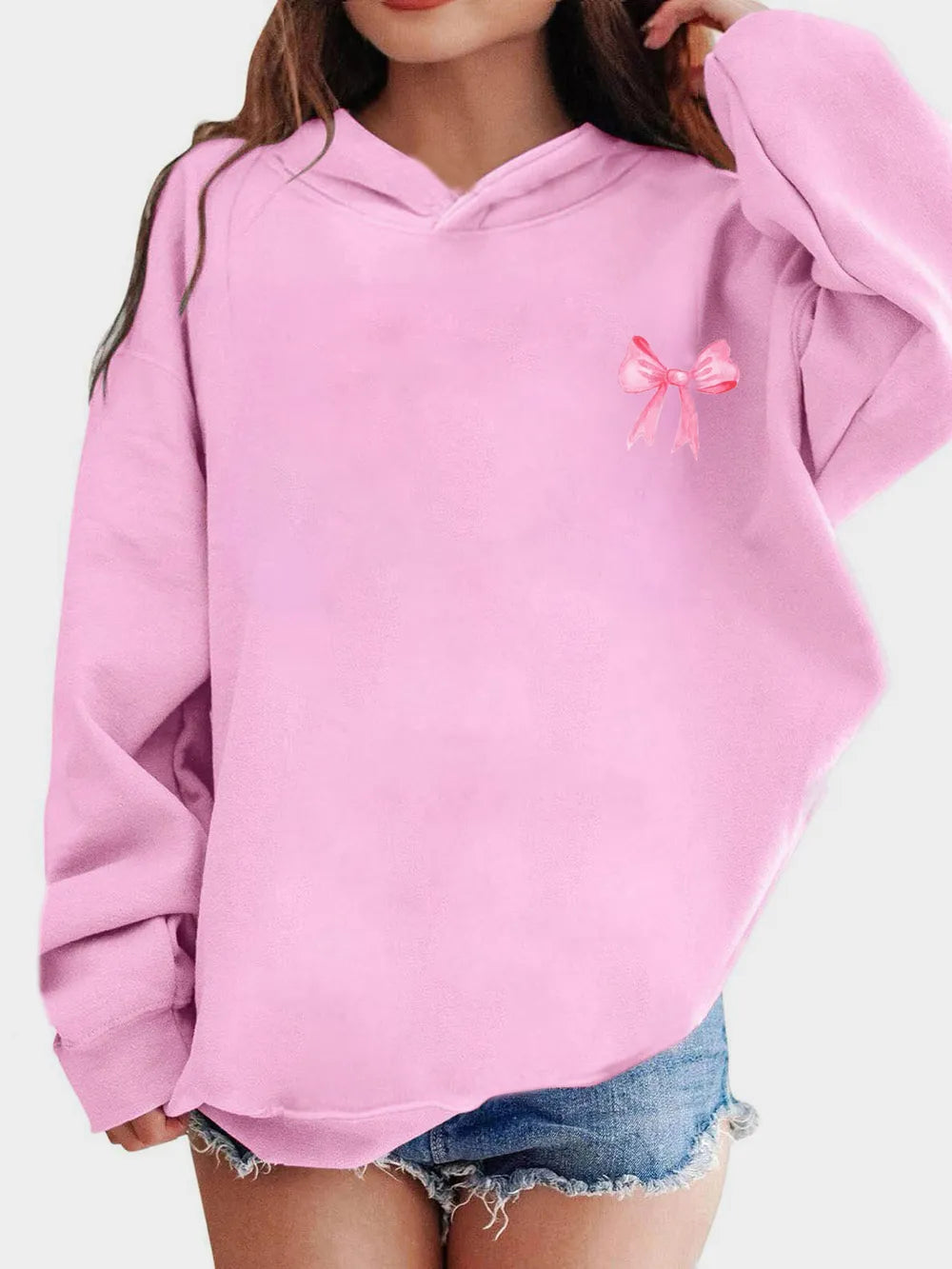 Bow Print Long Sleeve Hoodie - Lilixa.store