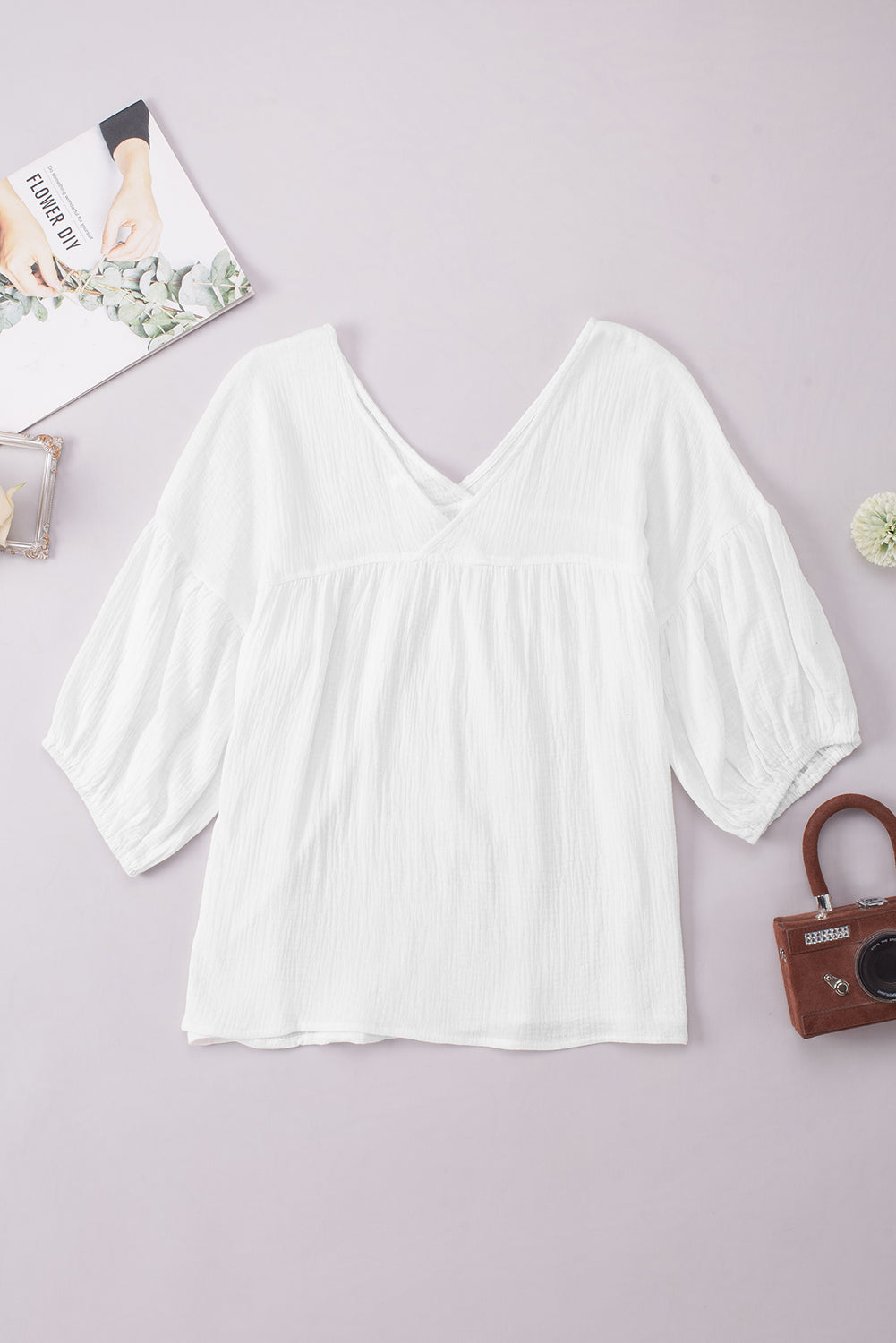 Dropped Shoulder V-Neck Blouse in White