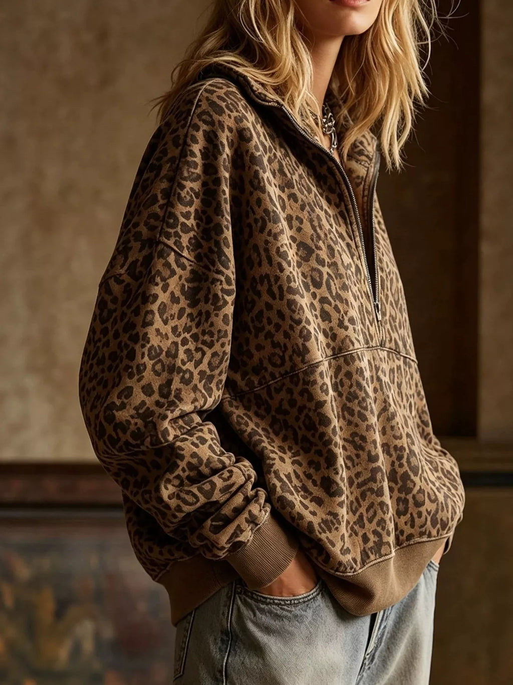 Leopard Half Zip Oversized Sweatshirt - Lilixa.store