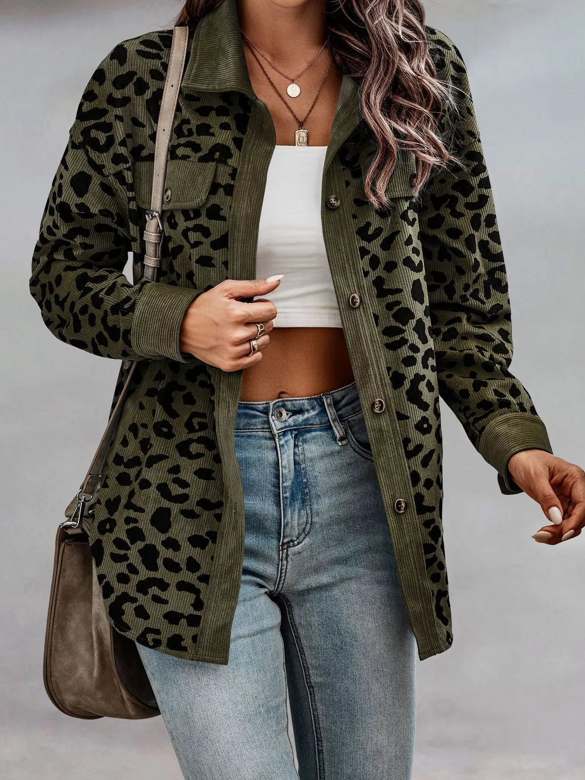Full Size Leopard Print Button-Down Jacket Plus Size in Army Green