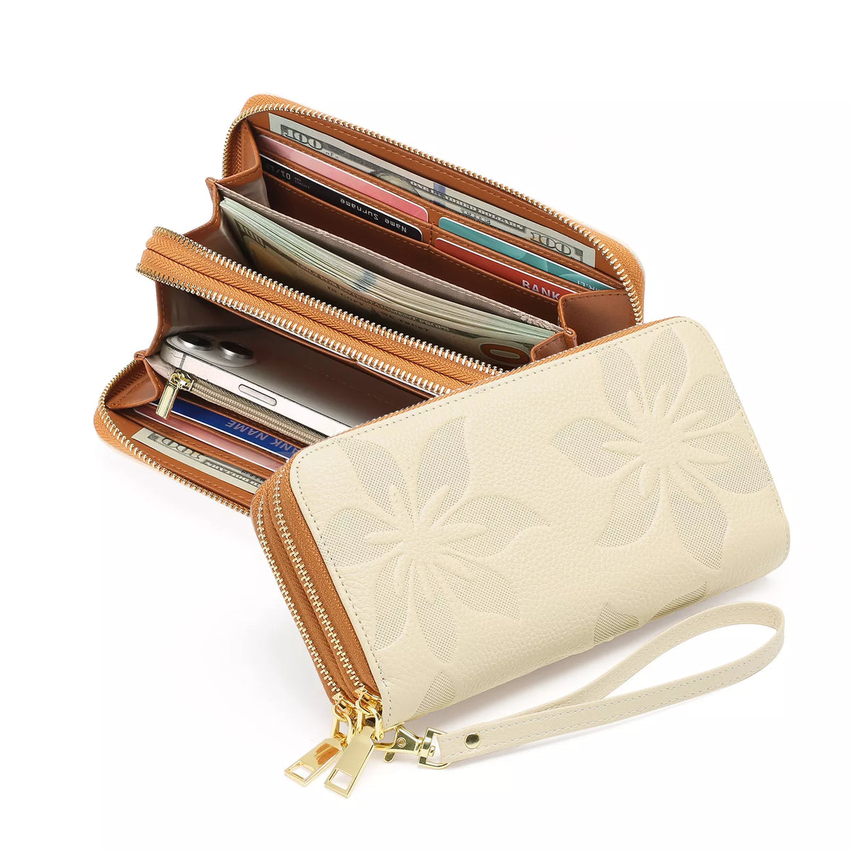 Floral Embossed Leather Zipper Wallet - Lilixa.store