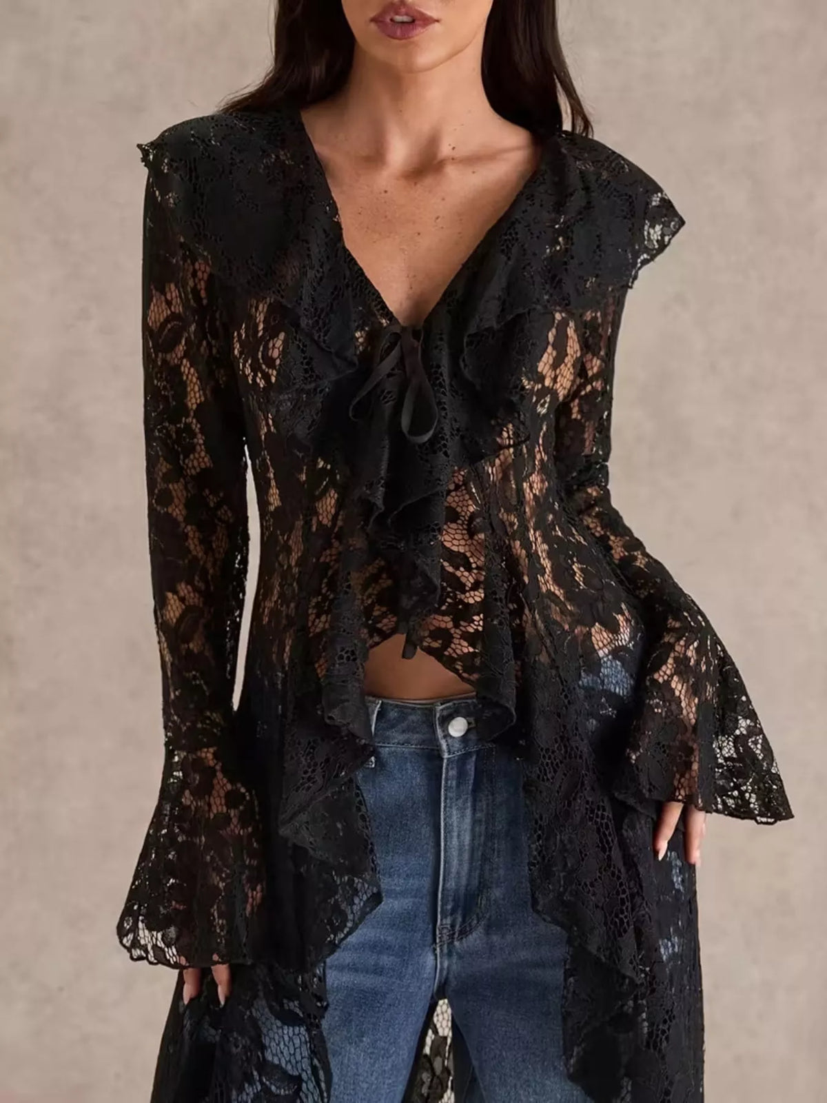 Lace Ruffle Trim High-Low Blouse