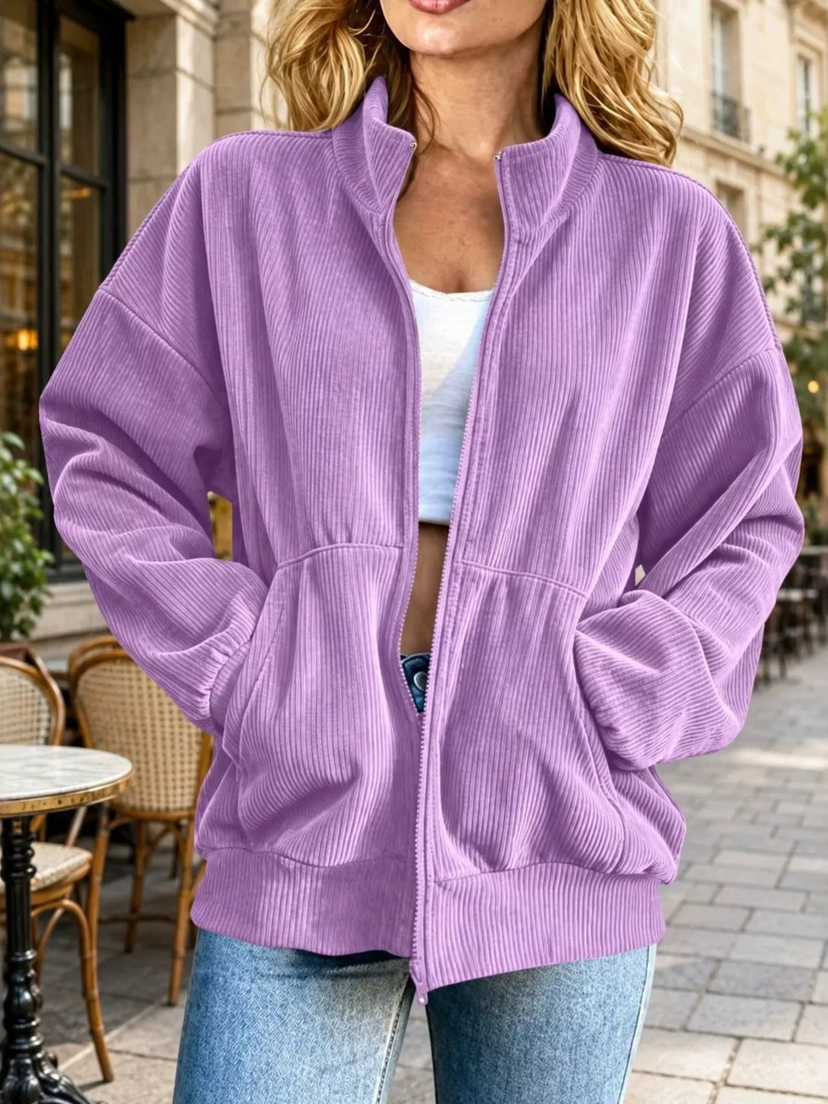 Corduroy Zip-Up Dropped Shoulder Jacket in Purple