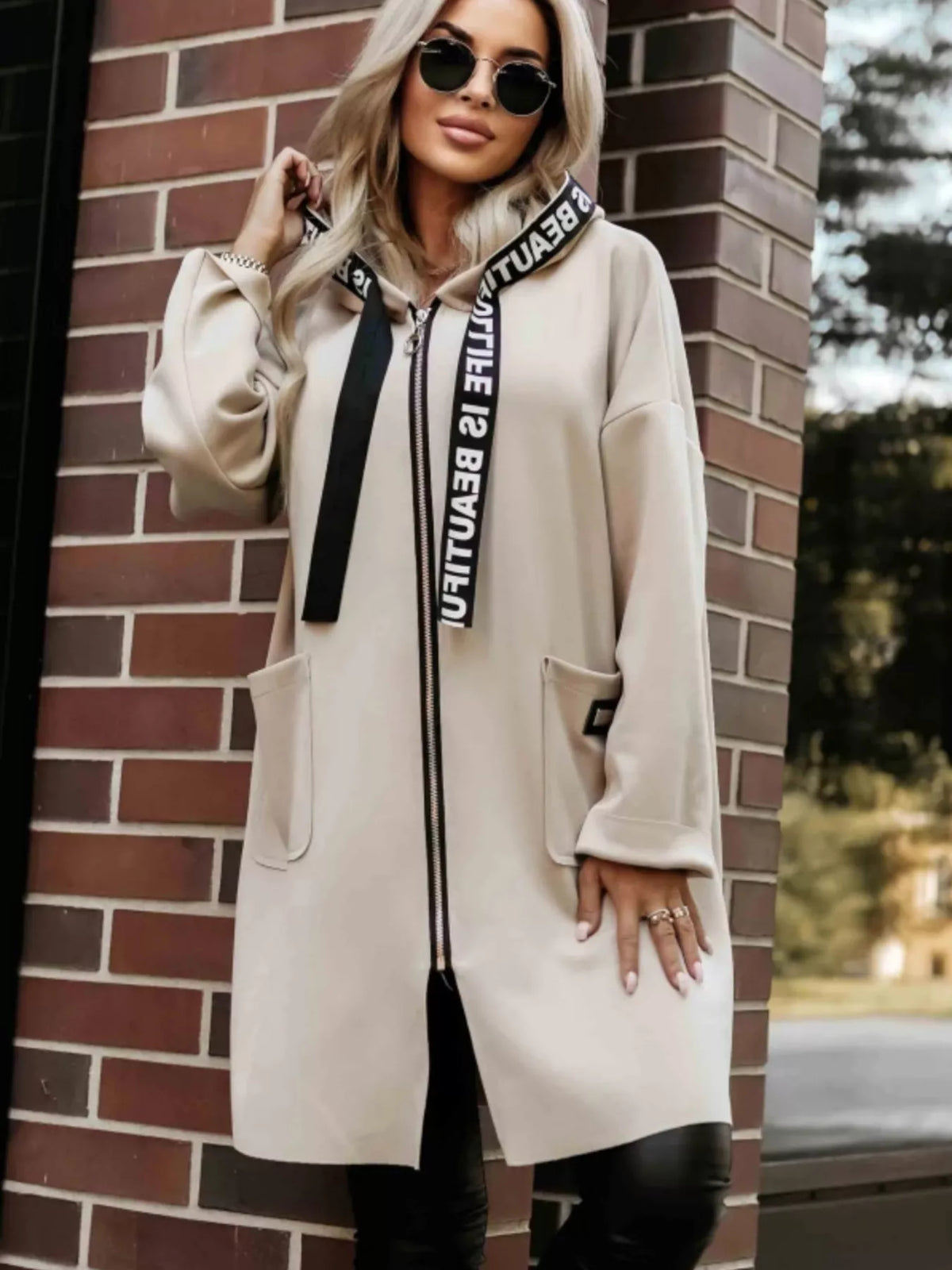 Full Size Casual Hooded Zip-Up Longline Outerwear Plus Size in Beige