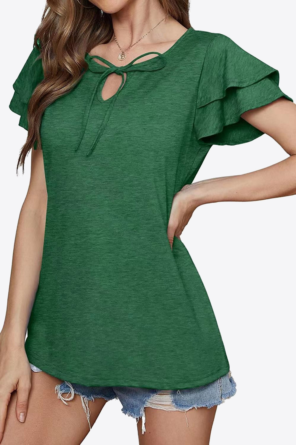 Tie-Neck Layered Flutter Sleeve Blouse - Lilixa.store