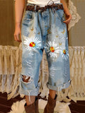 Full Size Floral Distressed Cropped Jeans Plus Size - Lilixa.store