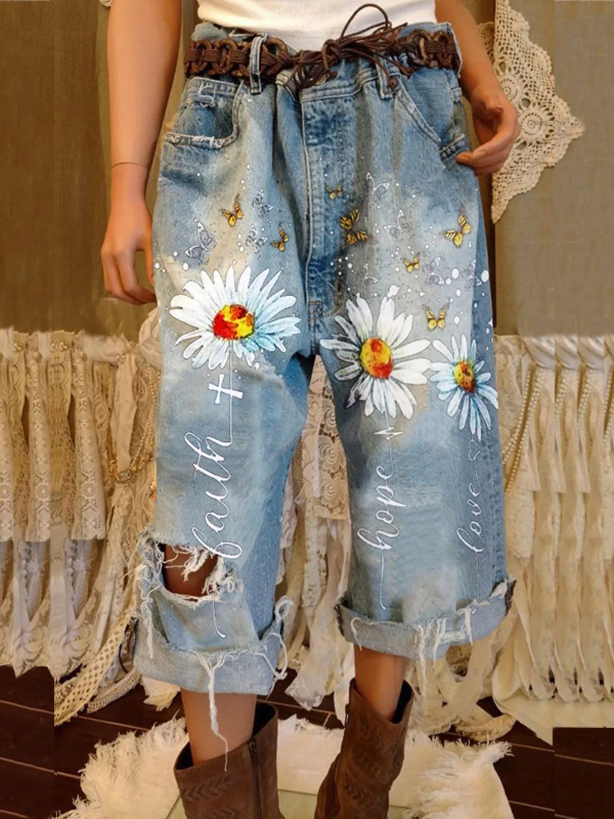Full Size Floral Distressed Cropped Jeans Plus Size - Lilixa.store