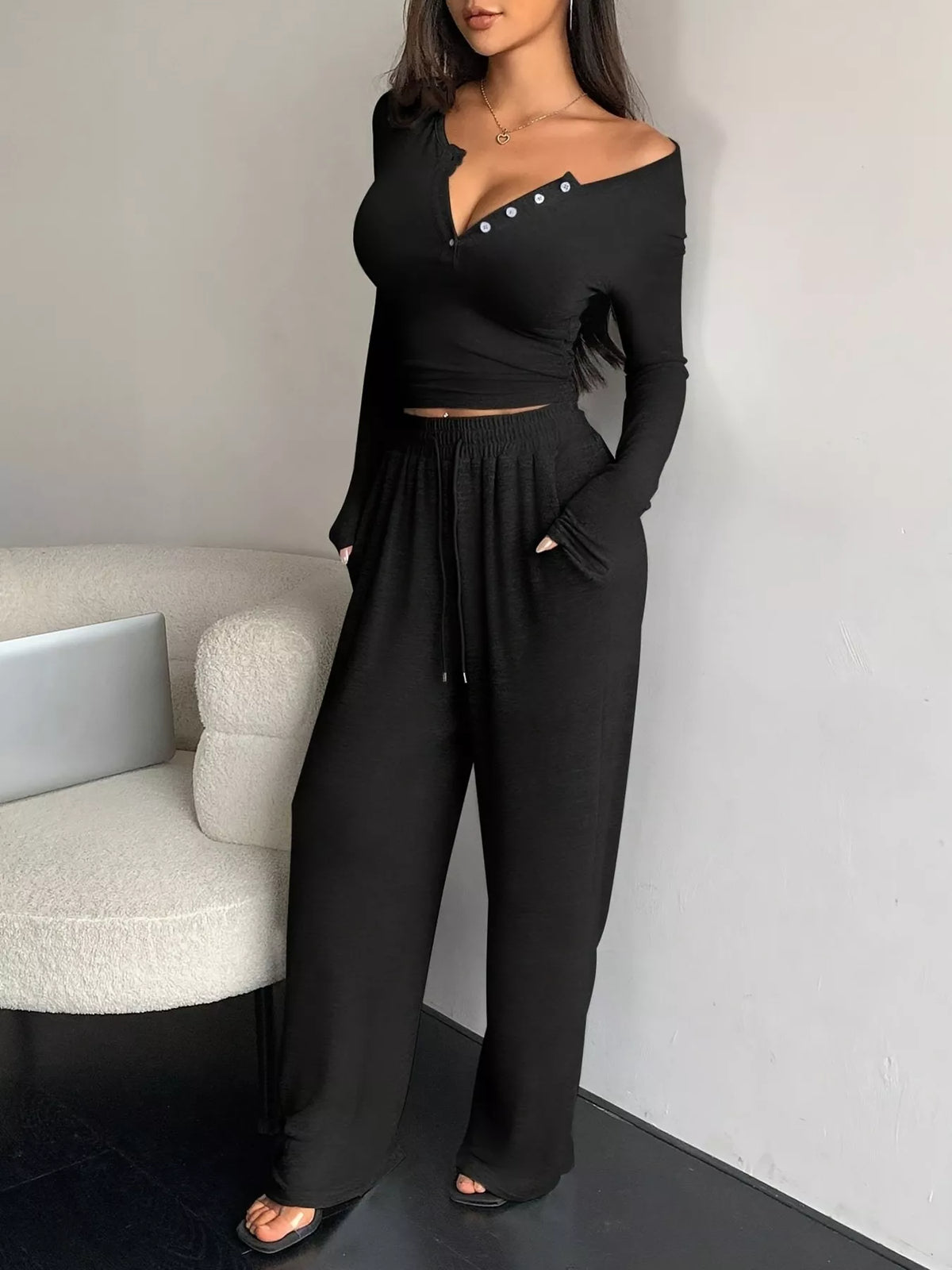Button Detail Long Sleeve Top and Wide-Leg Pants Set