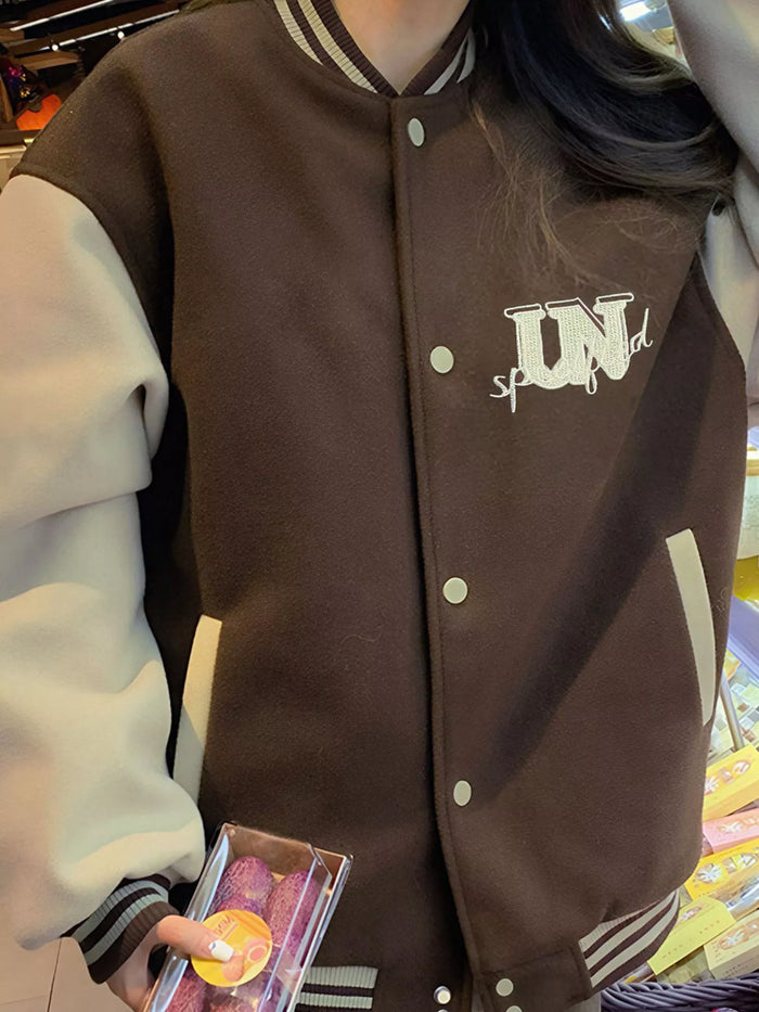 Color Block Snap Down Baseball Jacket in Brown