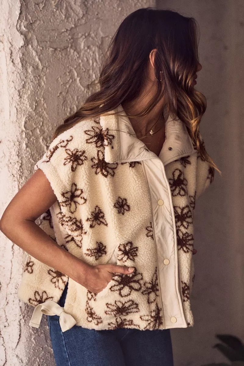 SO ME Flower Sherpa Fur Oversized Sleeveless Vest Jacket in Brown, view 6