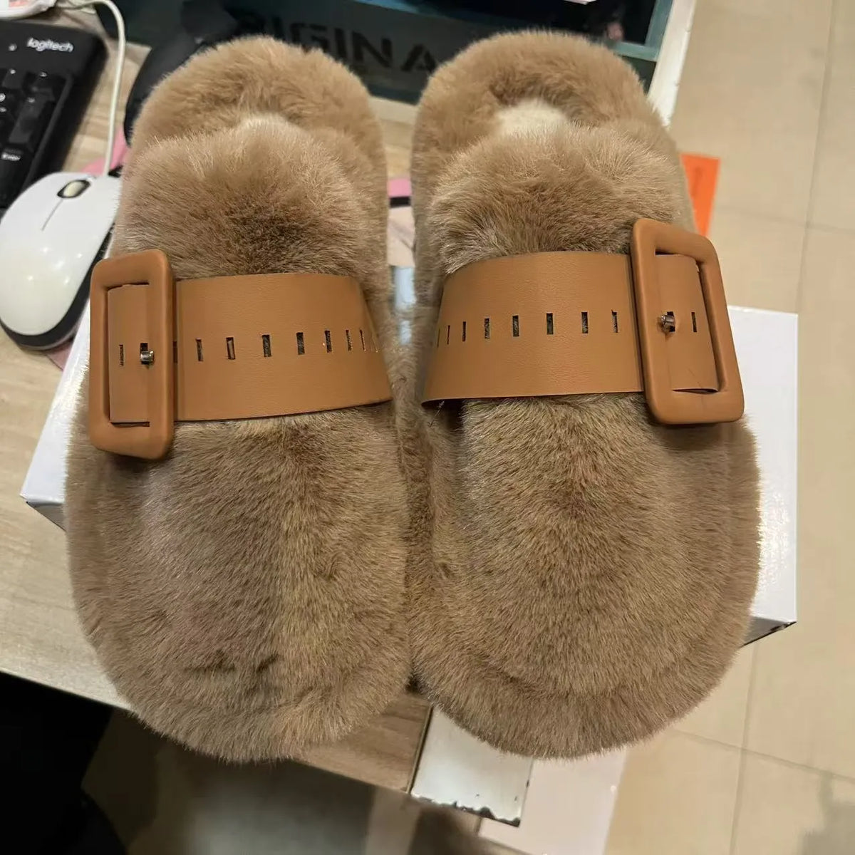 Faux Fur Buckle Slippers - Lilixa.store