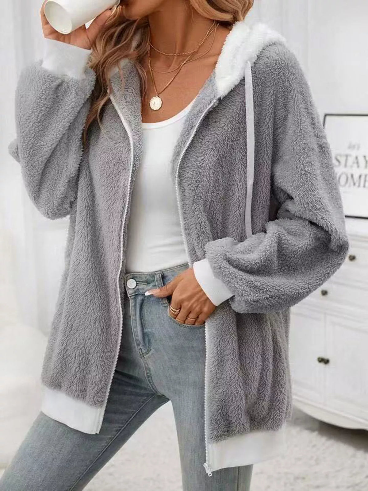 Cozy Fleece Zip-Up Outerwear in Gray, view 3