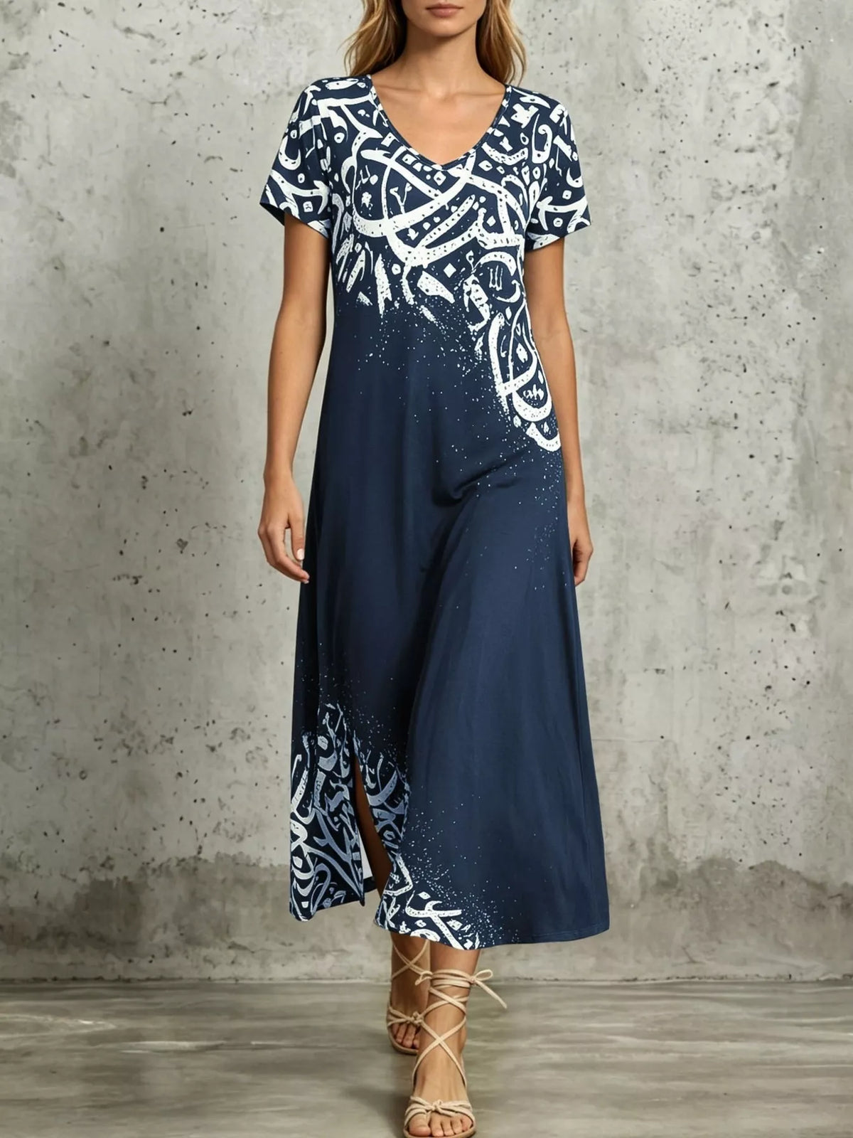 Printed Short Sleeve Midi Dress - Lilixa.store
