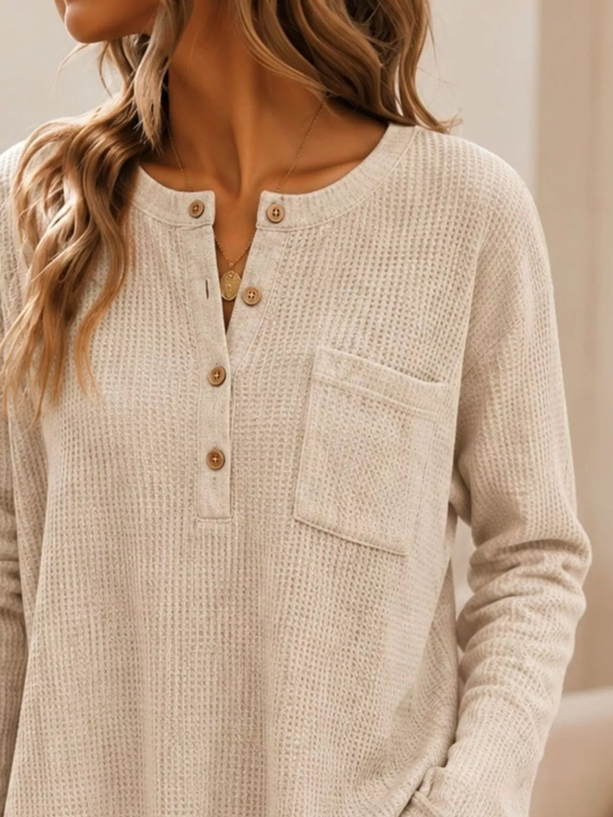 Waffle Knit Button Detail Top - Lilixa.store