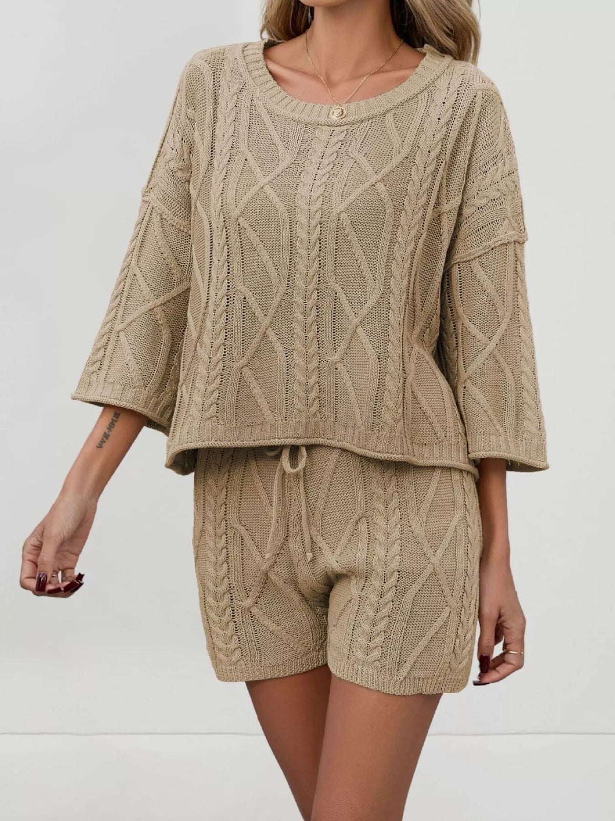 Cable Knit 3/4 Sleeve Sweater and Shorts Set, view 2
