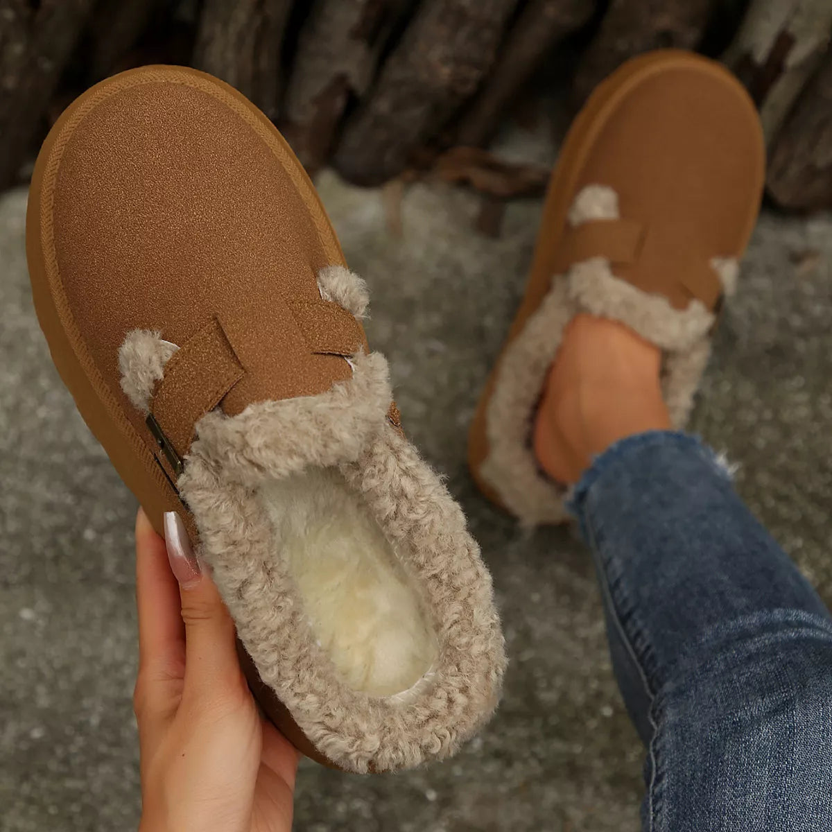 Fuzzy Trim Buckle Platform Slippers - Lilixa.store