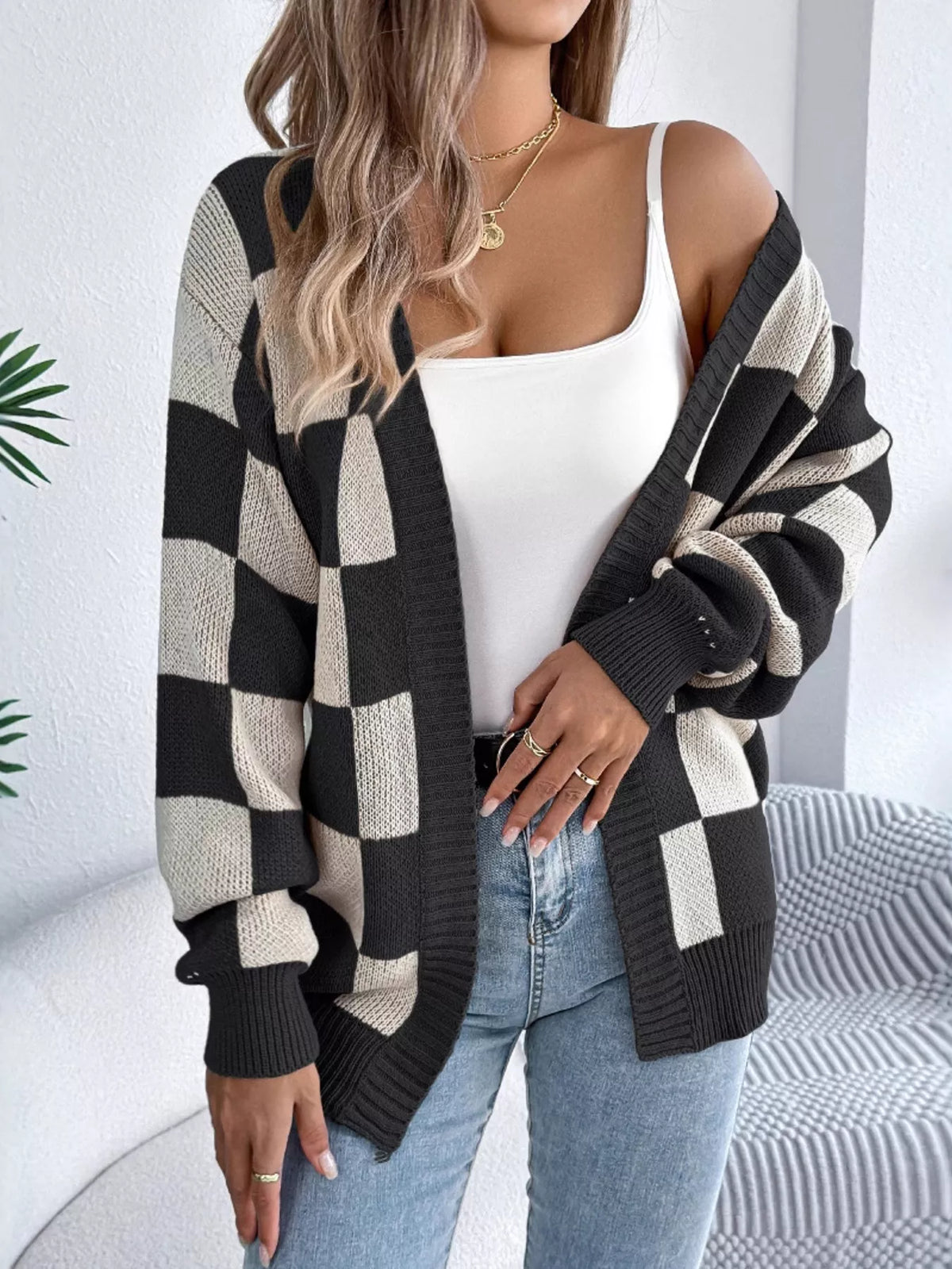 Checkerboard Pattern Open Front Knit Cardigan - Lilixa.store