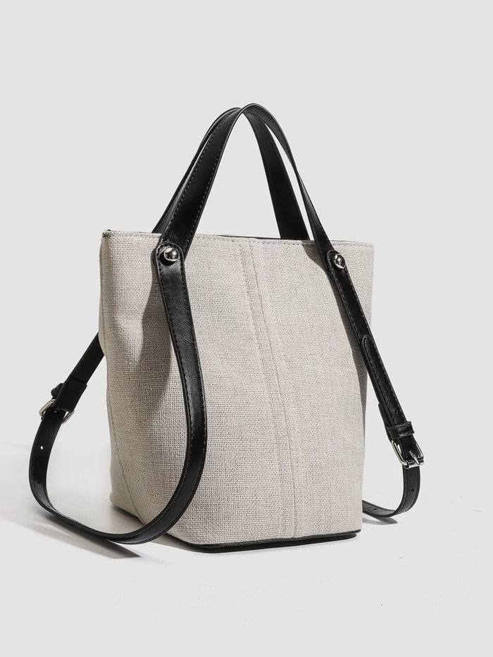 Canvas Bucket Handbag with Contrast Leather Straps in Light Gray