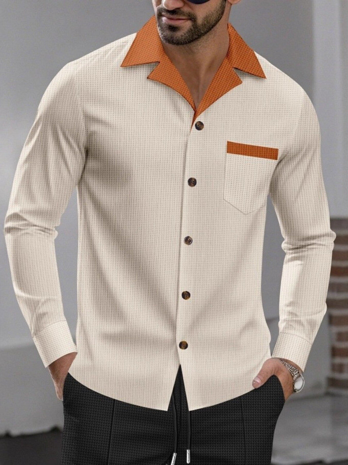 Men's Full Size Contrast Collar Button Up Shirt Plus Size
