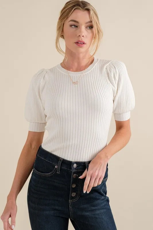And The Why Puffed Half Sleeve Rib Basic Bodysuit - Lilixa.store