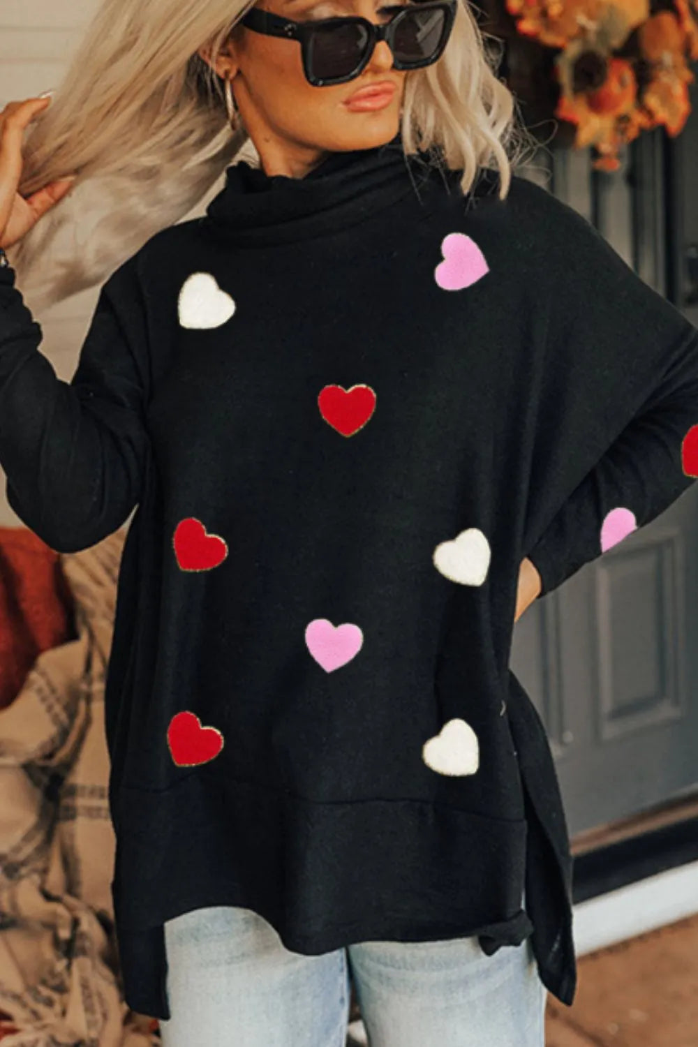 Valentine’s Day Heart Patched Turtleneck Long Sleeve Top - Lilixa.store