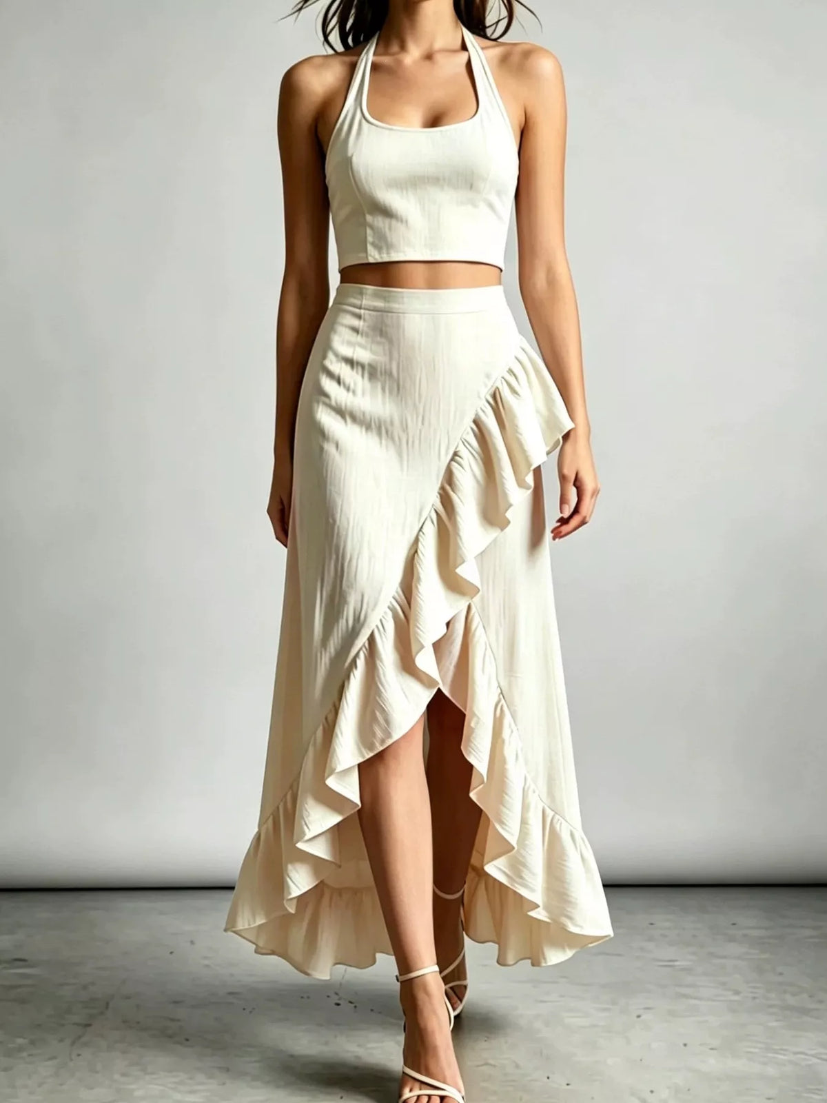 Halter Neck Crop Top and High-Low Maxi Skirt Two-Piece Set