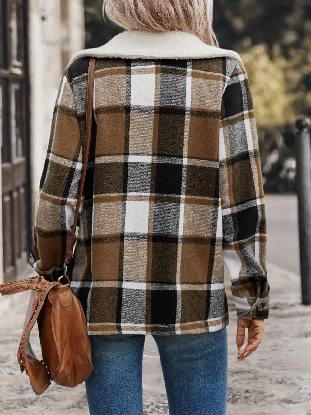 Perfee Pocketed Plaid Button Up Collared Neck Jacket in Camel, view 2