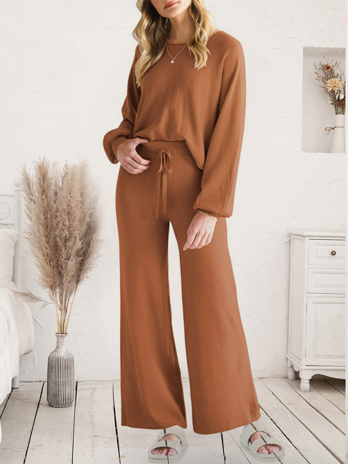 Long Sleeve Lounge Top and Drawstring Pants Set - Lilixa.store