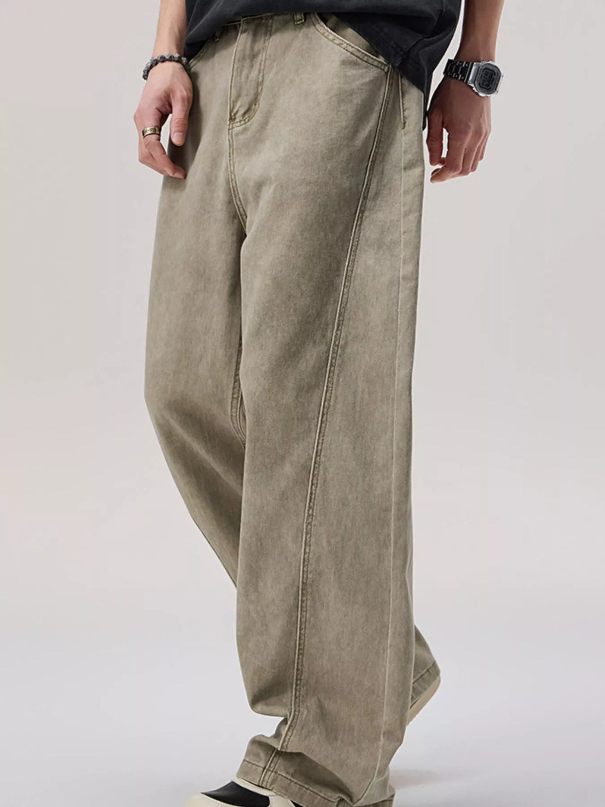 Men's Vintage Washed Loose-Fit Wide-Leg Pants in Khaki, view 2