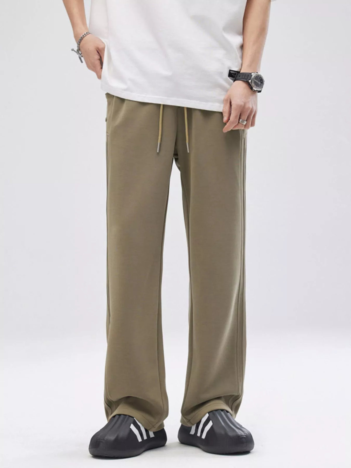 Men's Full Size Drawstring Wide Leg Casual Pants Plus Size in Taupe