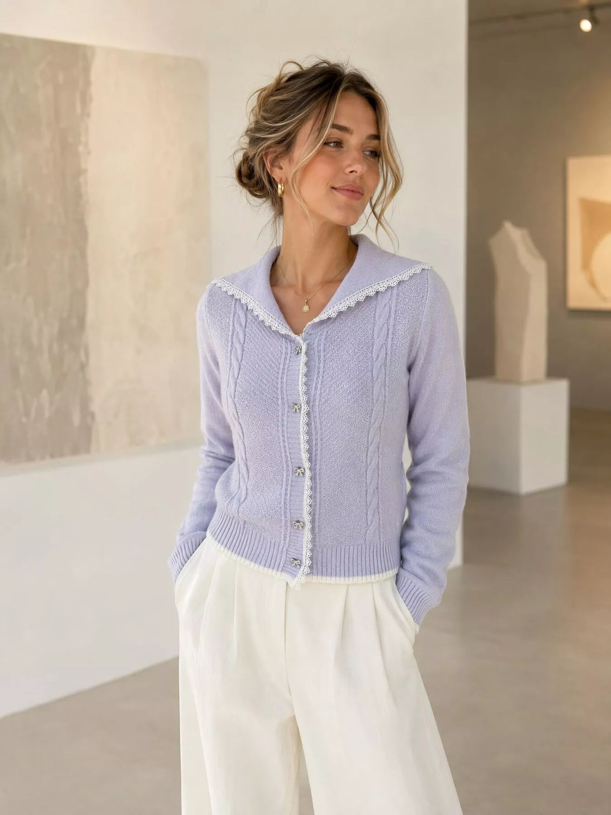 Cable-Knit Cardigan with Lace Trim, view 2