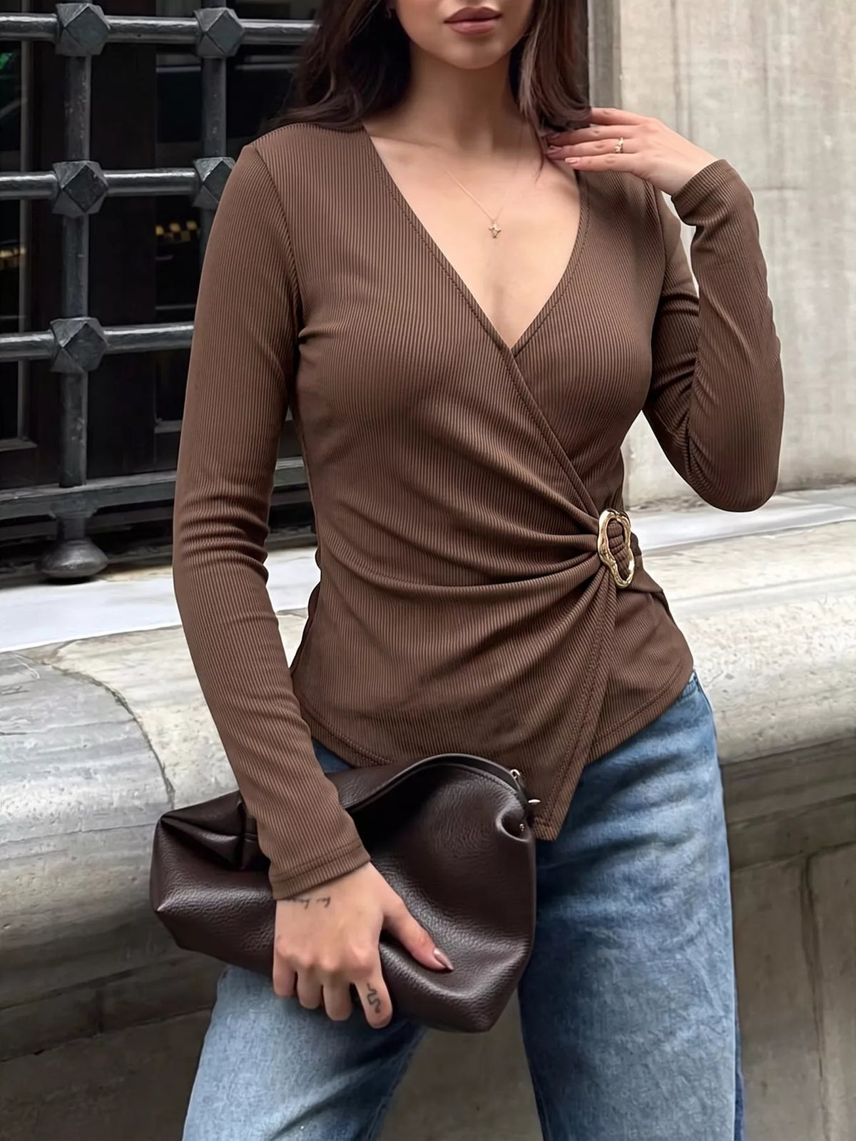 Metal Buckle Detail Surplice T-Shirt - Lilixa.store