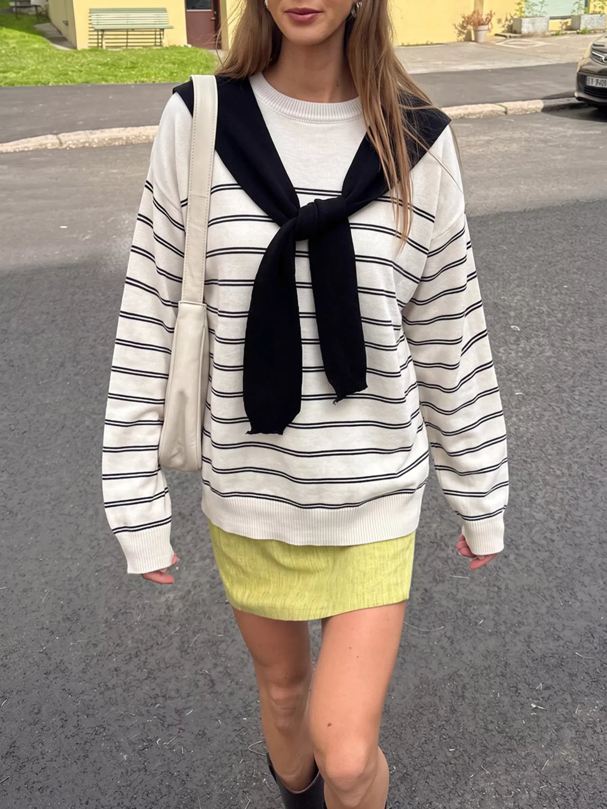 Classic Striped Crewneck Knit Top with Layered Sweater Detail in White