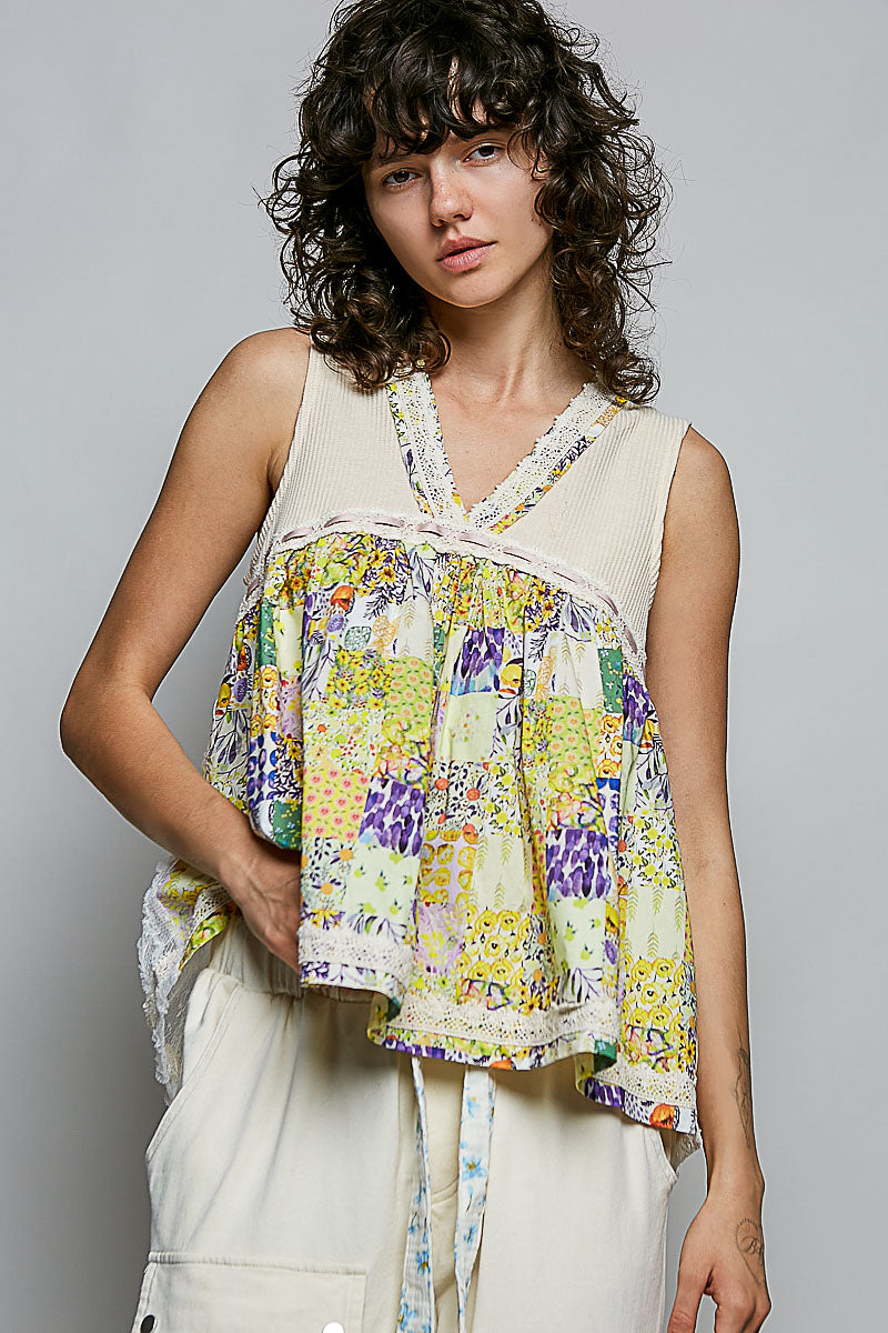 POL Floral V-Neck Sheer Tank with Lace Trim - Lilixa.store