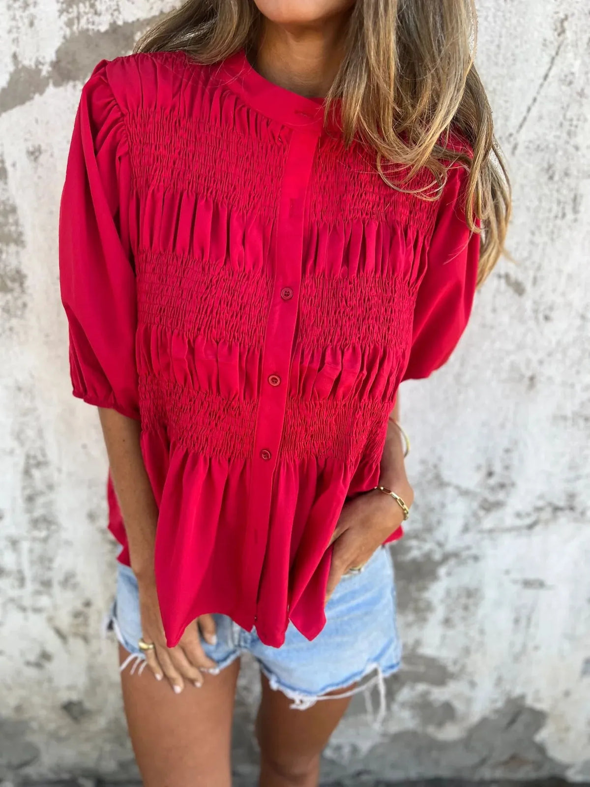 Full Size Smocked Puff Sleeve Blouse Plus Size - Lilixa.store