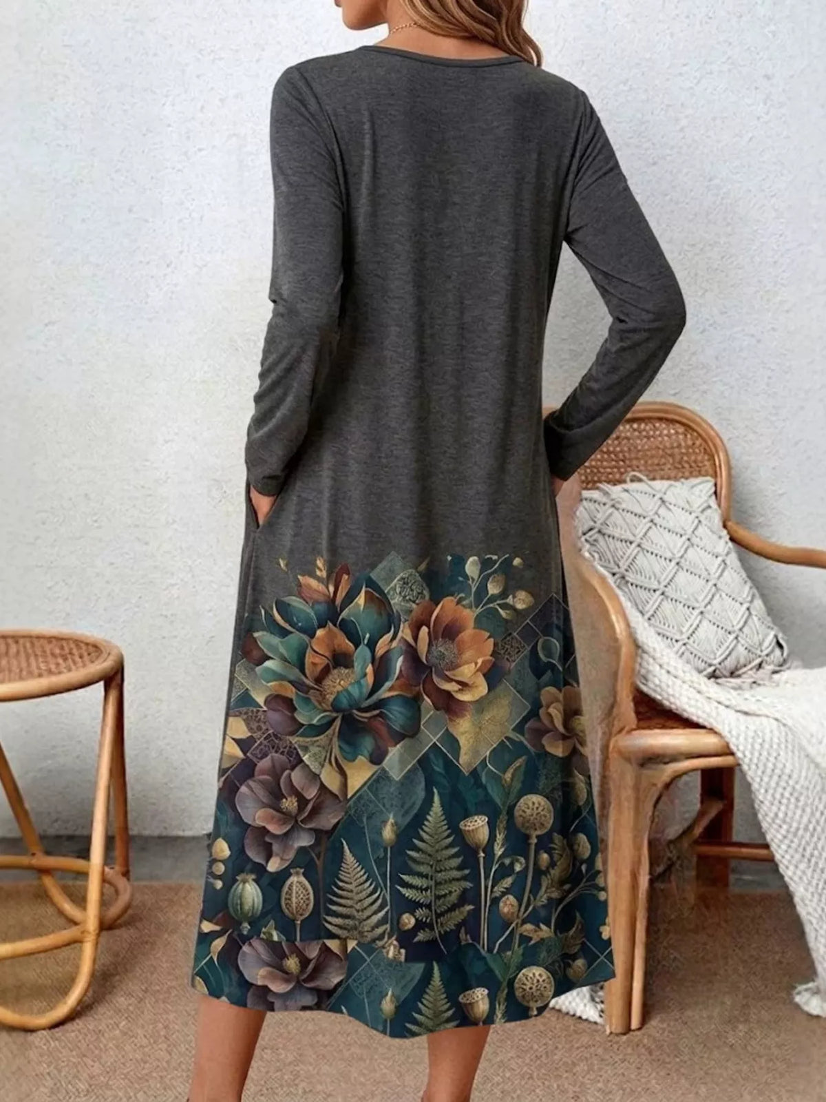 Plus Size Floral Print Long Sleeve Midi Dress