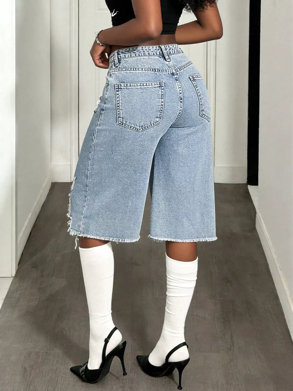 Distressed Wide-Leg Denim Shorts - Lilixa.store