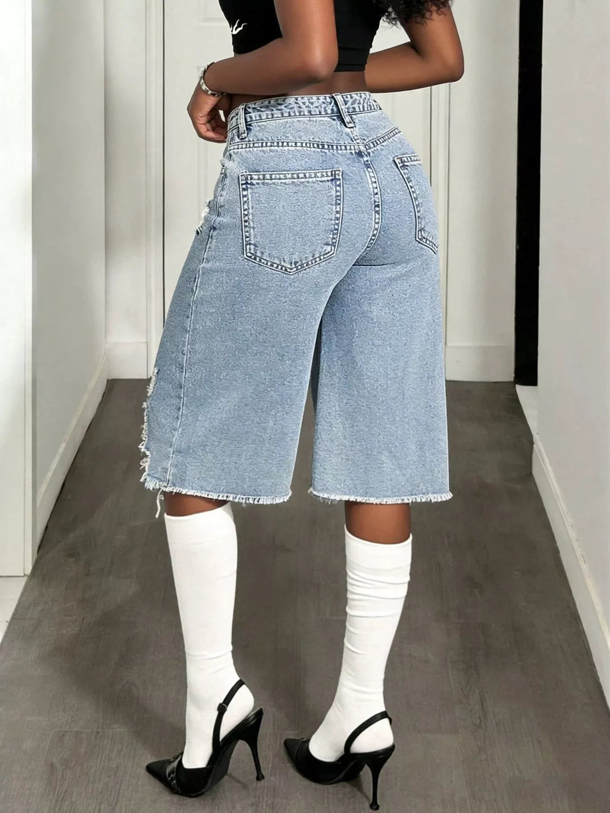 Distressed Wide-Leg Denim Shorts - Lilixa.store