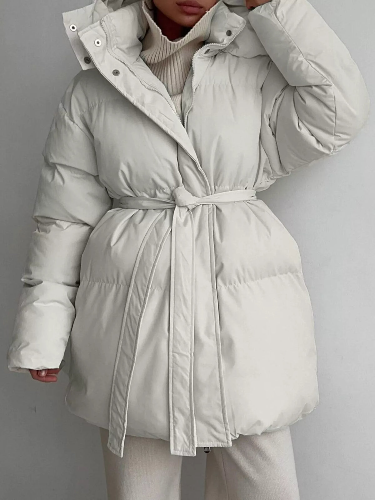 Mid-Length Thickened Hooded Winter Coat with Belted, view 7