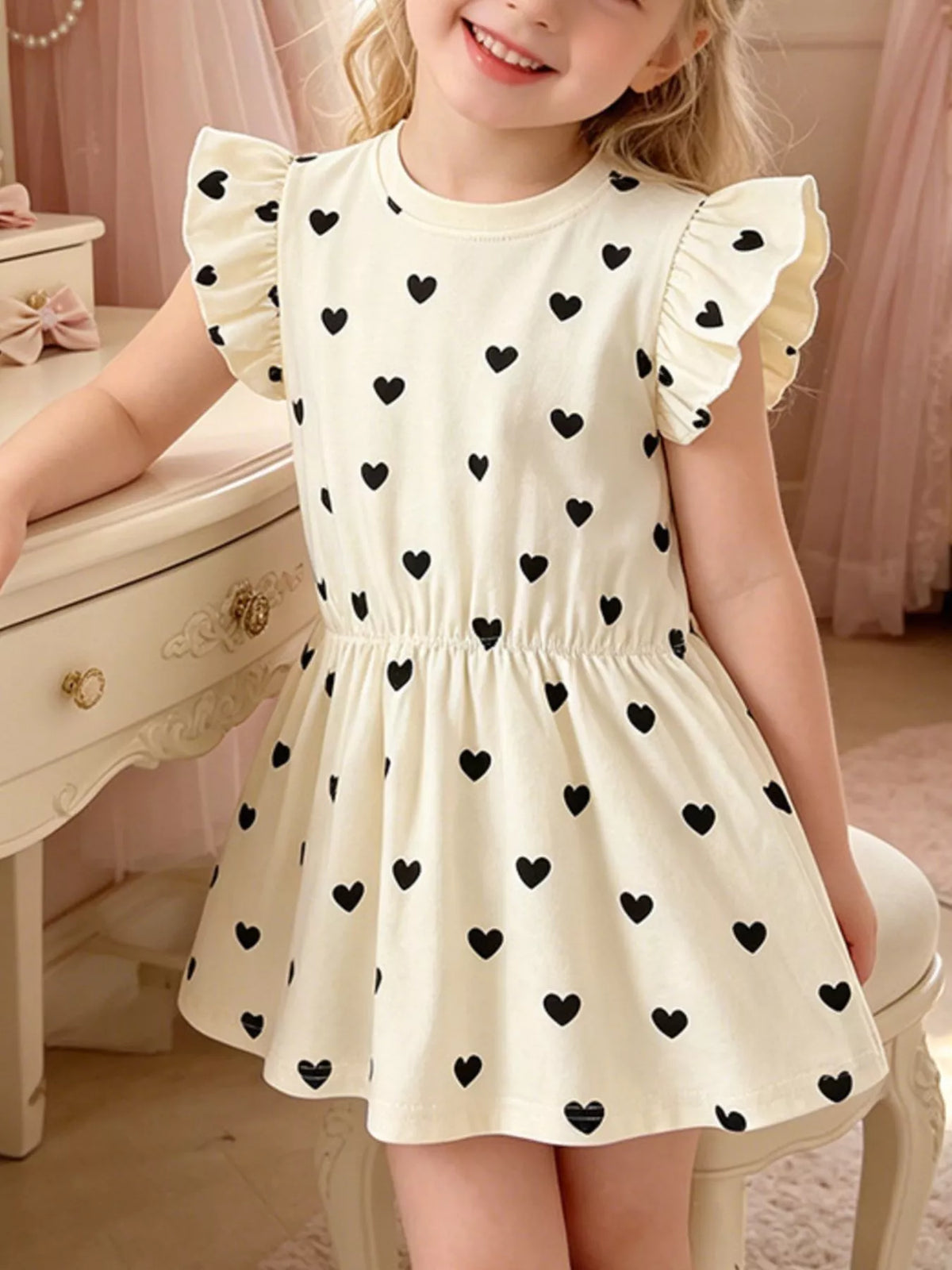 Children's Heart Print Ruffle Sleeve Dress - Lilixa.store