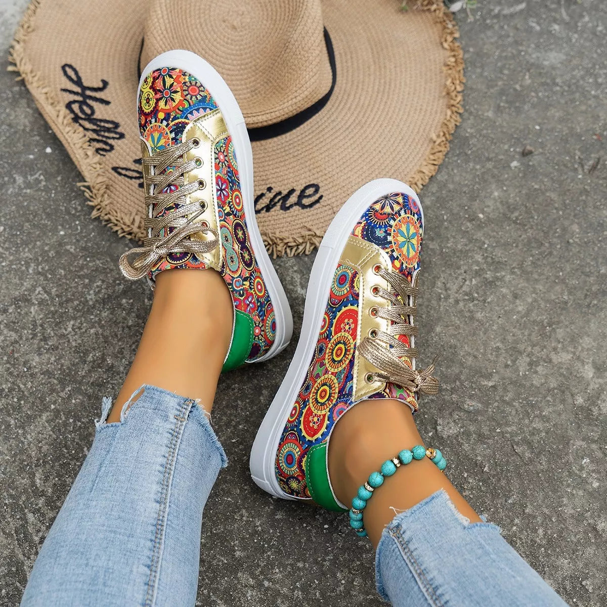 Printed Round Toe Sneakers - Lilixa.store